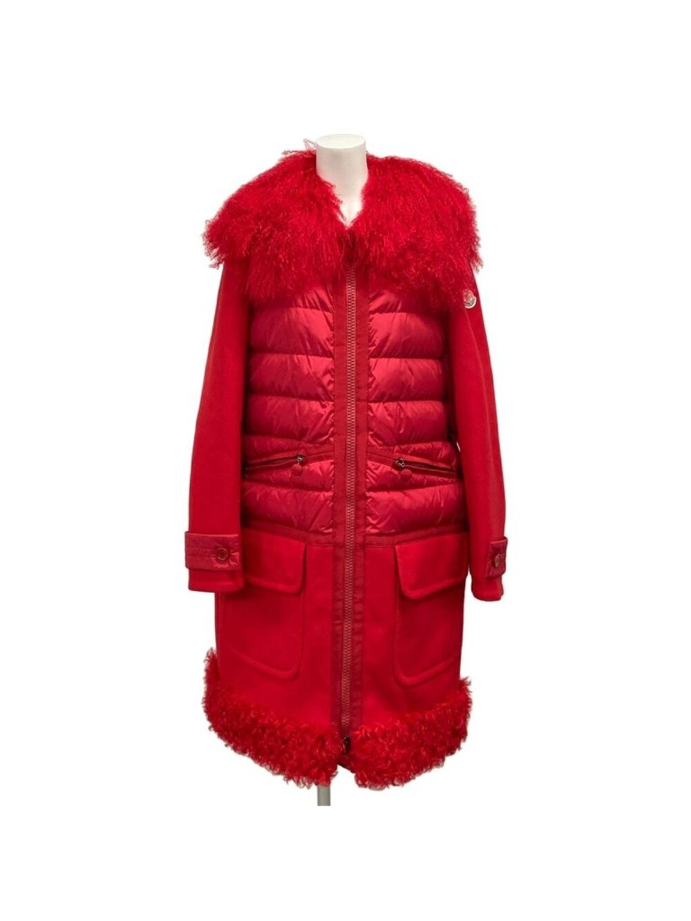 Moncler Down Coat L Annette Red Long Sleeve Zip Up Fur